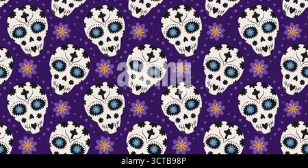 Dekoriertes Sugar Skulls and Flowers nahtloses Muster im lila Day of the Dead Hintergrundbanner Format. Isolierte Vektor-Illustration mexikanische Feiertage Grüße Thematische Hintergrund Banner, Flugblätter, Etiketten Stock Vektor