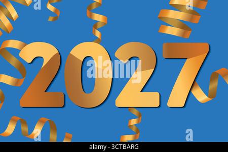 Frohe Weihnachten oder Happy New Year Design. 2027 Weihnachtsdekoration auf farbigem Hintergrund. Grußvektorkarte, Banner, Festkonzept mit Metallic Stock Vektor