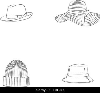 Schwarzlinie-Illustration von vier verschiedenen Kopfbedeckungsstilen, darunter ein Fedora, ein Sonnenhut mit breiter Krempe, eine Strickmütze und ein Bucket Hat. Stock Vektor