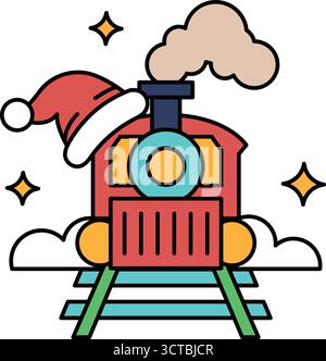 Ein Zug mit einem Weihnachtsmann-Hut drauf. Der Hut ist weiß und hat eine rote Nase. Der Zug ist auf einer Schiene und hat eine Dampflok. Die Dampfmaschine ist schwarz Stock Vektor