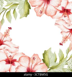 Hibiskusblüten mit Blättern und Knospen auf Zweigen, quadratischer Rahmen mit Kopierraum. Handgezeichnete botanische Illustration in Pastellrot Stockfoto