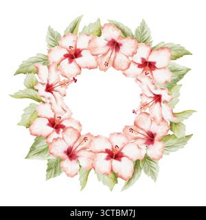 Üppige tropische Hibiskusblüten mit rundem Kränz in Aquarellfarben. Handgezeichnete botanische Sommerillustration in pastellrot grün und weiß. Sommer Stockfoto