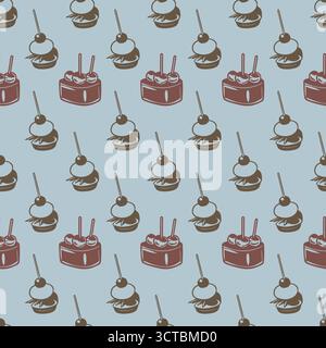 Nahtloses Muster mit Kuchen und Cupcakes auf blauem Hintergrund Stock Vektor