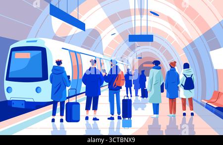 Leute warten U-Bahn moderne U-Bahn-Stationen Reisende mit Gepäck öffentliche Verkehrsmittel Plattform blau rosa Farben Stock Vektor