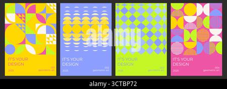 Lebendige Bauhaus-Cover mit farbenfrohen geometrischen Mustern und auffälligen Formen für kreative Poster. Moderne Grundrisse mit Kreisen, Karomuster und Streifen. Helle künstlerische Vorlagen für Branding. Stock Vektor