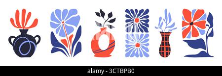Vase im Doodle-Stil mit Blumenkompositionen für botanische Kunst und Wohnkultur. Handgezeichnete Töpferbehälter mit abstrakten Blüten, dekorativen Mustern und organischen Formen für Grußkarten-Designs. Stock Vektor
