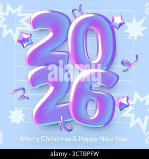 Quadratisches Neujahrsplakat 2026 mit 3D-holografischen Zahlen, Sternen und Feuerwerk Stock Vektor