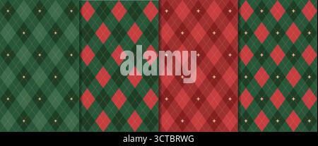 Nahtloses Muster mit weihnachtlichen Rauten. Rote und grüne Weihnachtskarierung mit goldener Linie. Geometrisches Rautenmuster in Argyle. Abstraktes Weihnachtsdesign Stock Vektor