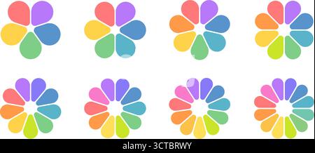 Set mit Symbolen in Blütenblütenform. Infografik Kreisdiagramm. Einfaches Diagramm für Tortendiagramm. Geometrisches grafisches Element der Blume. Rundraddiagramm. Farbvektor Stock Vektor