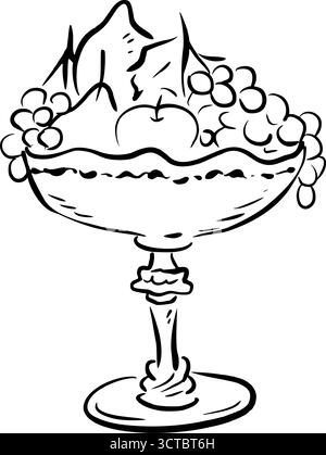 Vintage-Schüssel mit Früchten. Skurrile Vektorlinien-Kunst. Elegante handgezeichnete Illustration. Perfekt für Restaurantmenüs, Küchendekor Stock Vektor