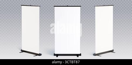 Leere Roll-Up-Banner-Mockup-Displays mit einziehbaren Ständen für Präsentationen und Werbematerialien. Weiße vertikale Bildschirme auf transparentem BG. Tragbare Beschilderung und Messeausstattung. Stock Vektor