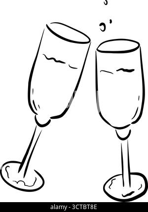 Zwei Sektgläser klirren in skurriler Vektorlinie. Romantische handgezeichnete Illustration. Symbol für Feier und Liebe. Perfekt Stock Vektor