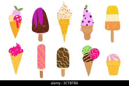 Von Hand gezeichnete Eisdesserts mit Buntstift-Textur - bunte Kegel, Eis und gefrorene Leckereien mit Streuseln, Obsttoppings und Schokoladenüberzug. Sommer-Süßigkeiten-Kollektion für Illustrationen für Kinder. Stock Vektor