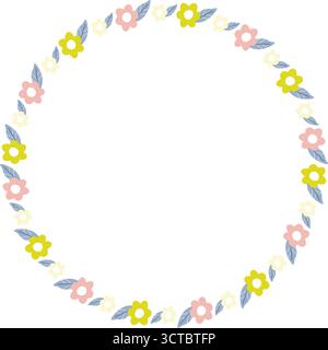 Kranzrahmen mit farbenfroher Blumenschablone. Niedliche leere Vorlagenbox. Handgezeichnete Vektorgrafik Stock Vektor
