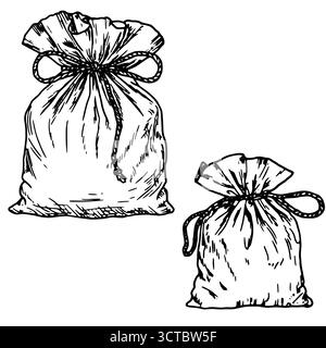 Leinentasche mit Schnur gebunden, Skizze. Vektorabbildung. Die Verpackung zur Aufbewahrung von Lebensmitteln und Geschenken, ein Set, ist auf weißem Hintergrund isoliert. Essen und Stock Vektor