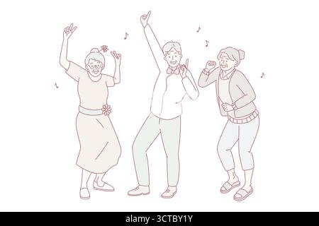 Ältere Erwachsene Menschen aktiv Lebensstil Konzept. Gruppe von glücklichen alten grauhaarigen Männern und Frauen tanzen Spaß genießen Zeit zusammen Vektor-Illustration Stock Vektor