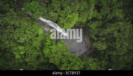 Fidschi, Nadi Wasserfall: Faszinierender Wasserfall, der in einen ruhigen Teich stürzt, umgeben von üppiger Dschungelvegetation. Atemberaubender Blick aus der Vogelperspektive auf die wilde Naturlandschaft. Drohnenflug verkleinern Stockfoto