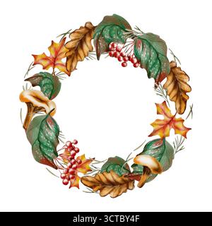 Pilze, Ahorn, Eiche und Viburnum Laub, Beeren, Weizenzweige und Kiefernnadeln in einem runden Herbstkranz. Handgezeichnete Tierillustration für Stockfoto