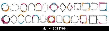 Geometrische Rahmen mit verlaufendem Rand – verschwommene Aura-Effekte und Funkeln für modernes Design. Quadratische, diamantförmige und rechteckige Formen mit blauem, rosa und gelbem Glanz und dekorativen Sternen. Trendige Vorlagen. Stock Vektor