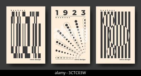 Bauhaus-Retro-Plakate mit schwarzen geometrischen Mustern auf beigefarbenem Hintergrund - abstrakte Linien, Kreise und Punkte in modernistischen Kompositionen. Minimalistische Überzüge, die von der Ästhetik der Schule 1923 inspiriert wurden Stock Vektor