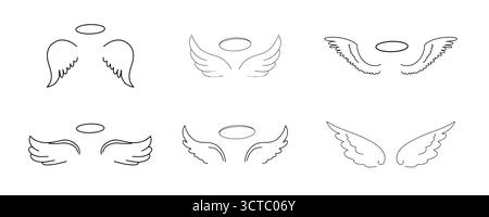 Engel- oder Vogelflügel mit Halo-Set-Linie. Handgezeichnete Kritzelflügel mit Feder, skizzierte Silhouettenumrisse. Symbol des Himmels. Niedliche Stilelemente. . Vektorabbildung Stock Vektor