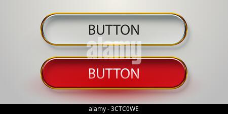 Webtasten aus glänzendem Glas mit goldenen Borten in transparentem Grau und leuchtendem Rot. Vektorabbildung. Stock Vektor