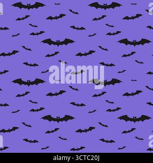 Fliegende, gruselige schwarze Silhouetten Fledermäuse auf lila Hintergrund, Halloween Muster. Vektorabbildung Stock Vektor