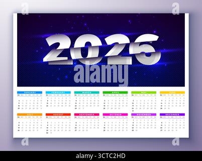 2026 Druckbare Kalender-Designvorlage mit aufgeschnittenem Zahlensymbol und monatlicher Typografie auf weißem Hintergrund für Neujahr. Horizontal Stock Vektor
