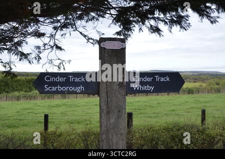Ein Wegweiser auf dem Cinder Track, ein Rad- und Gehweg auf der stillgelegten Eisenbahnstrecke zwischen Whitby und Scarborough in North Yorkshire Stockfoto