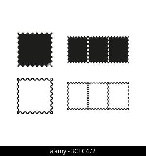 Satz Briefmarken. Einfache perforierte Rahmen. Schwarzes weißes Element. Vektorpapierobjekte. EPS 10. Stock Vektor