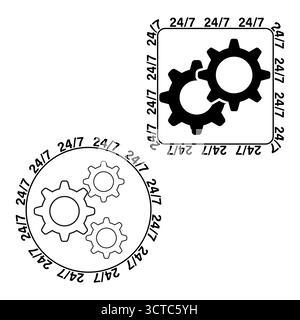Stellen Sie 24 7 Symbole ein. Symbole für Vektorgetriebe. Öffnen Sie 24 sieben. Kundensupport-Embleme. EPS 10. Stock Vektor