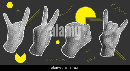 Satz Retro-Halbtonzeiger. Abstrakte Vektorillustration menschlicher Körperteile im y2k-Pop-Art-Stil. Papierausschnitt mit Punkten. Moderne Grafik Stock Vektor