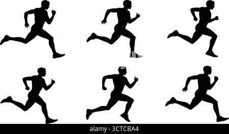 Running Silhouette Sequence – Schwarze Symbole, die menschliche Bewegungsphasen für Sport, Animation, Fitness und Biomechanik zeigen Stock Vektor