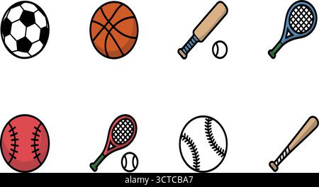 Bunte Sportausrüstung – Fußball, Basketball, Cricket Fledermaus, Tennisschläger, Baseballschläger, American Football & mehr für Athletic. Stock Vektor