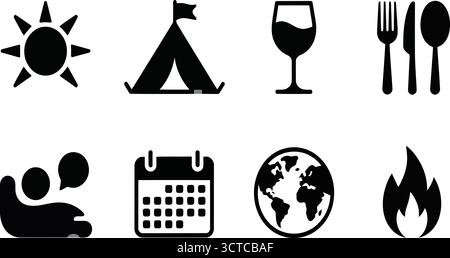 Symbole der schwarzen Linie – minimalistische Symbole für Sonne, Zelt, Weinglas, Besteck, Unterhaltung, Kalender, Globe und Flamme für Reisen, Speisen und Planung Stock Vektor