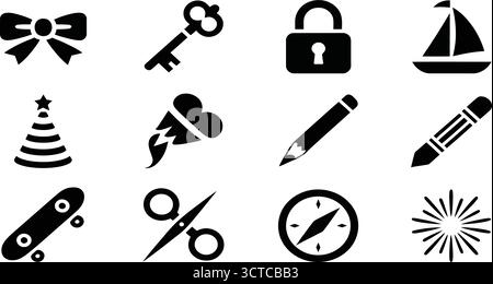 Silhouette Icon Set mit Schleife, Schlüssel, Vorhängeschloss, Segelboot, Partyhut, Kochmütze, Bleistift, Skateboard, Schere, Kompass, und Starburst in minimalem Schwarz Stock Vektor