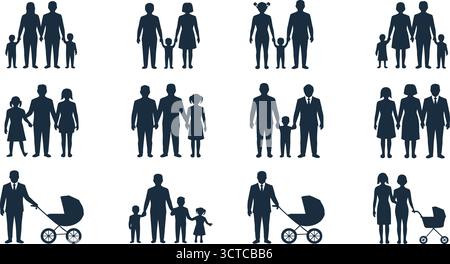 Familienfiguren-Set mit verschiedenen Kombinationen für Erwachsene und Kinder, Kinderwagen und pflegenden Posen in minimalistischem Schwarz Stock Vektor