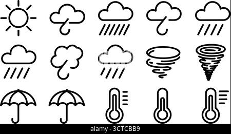 Wetter-Symbol Set mit Sonne, Wolken, Regen, Wind, Tornado, Regenschirm- und Thermometersymbole in minimaler schwarzer Linienart Stock Vektor