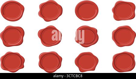Rotes Wachssiegel-Icon-Set mit zwölf einzigartigen kreisförmigen Stempeldesigns mit unregelmäßigen Kanten für historische, Branding- und dekorative Themen Stock Vektor