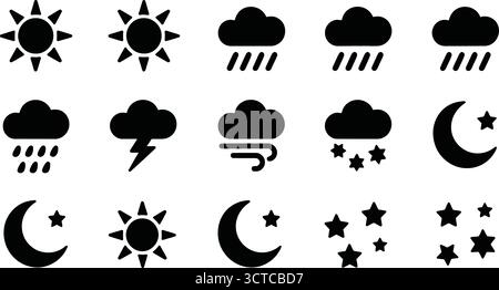 Wetter und himmlische Ikonen mit Sonne, Wolken, Regen, Blitz, Mond, und Sterne im minimalen schwarzen Vektorstil Stock Vektor