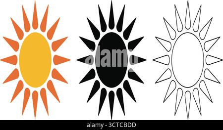 Stilisiertes Sonnensymbol-Set mit orangefarbenen, schwarzen und umrissenen Designs für saisonale, symbolische und dekorative Themen Stock Vektor