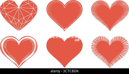 Stilvolles rotes Herz-Symbol-Set mit geometrischen, strahlenden, wirbelnden und minimalistischen Designs für Liebe, valentinstag und romantische Themen Stock Vektor
