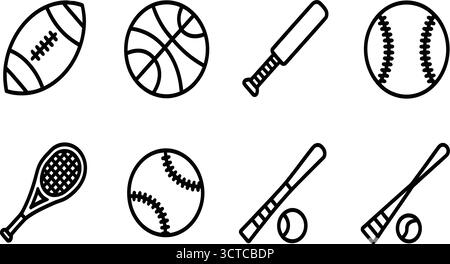 Schwarz-weiße Sportausrüstung mit Tennis-, Baseball-, Cricket-, Hockey- und Fußballausrüstung im minimalen Line-Stil Stock Vektor