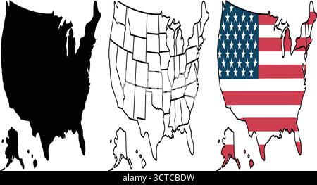 Symbole der USA-Karte mit solider Silhouette, Staatskontur und amerikanischer Flaggenfüllung für patriotische, pädagogische und Infografik-Designs Stock Vektor