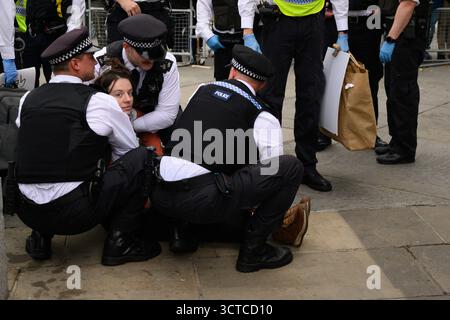 Die Polizei führt einen verhafteten Demonstranten aus dem Trafalgar Square im Zentrum Londons während der Demonstration „Lift the Ban“ zur Unterstützung der verbotenen Gruppe Stockfoto
