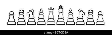 Symbol für Schachfiguren setzen die Linie. Skizzieren Sie die Symbole des klassischen Strategiespiels. Ritter, Königin, Bischof, Turm, Ritter, Schachfiguren von Bauern. Brettspiele. Vektor Stock Vektor