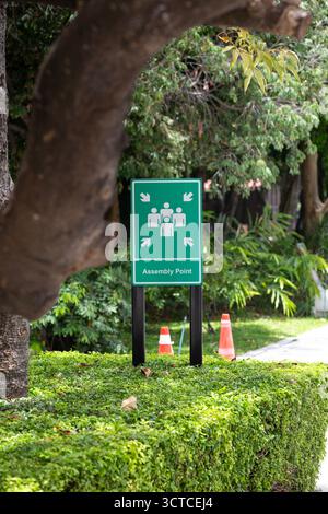 In einem öffentlichen Park steht ein grünes Schild mit dem Sammelpunkt, das einen bestimmten Bereich kennzeichnet, in dem sich Personen bei Notfällen oder Evakuierungsübungen sicher sammeln können. Stockfoto