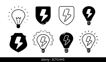 Symbolsatz für Beleuchtungsbolzen. Elektrisches Gefahrenzeichen, elektrisches Hochspannungszeichen. Glühlampe, Energiesymbol Stock Vektor