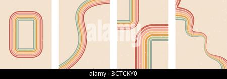 Groovige Regenbogenlinien und Rahmenhintergründe. Die Kollektion ist mit gewellten Streifen in Vintage-Farben bedeckt. Verspielte Wandmotive mit Wellendesign. Vektor Retro beige wigg Stock Vektor