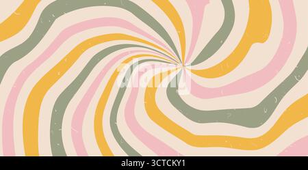 Groovige Swirl Hypnose bunter Starburst Hintergrund. Abstrakte Illustration in grünen, gelben und rosa Strahlen im Retro-Spiraldesign. Vektorgewellte Retro-Dekoration. Sonne Stock Vektor
